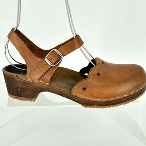 Sandgrens Size  7-7.5 EU 38 Brown Leather Clog Platform Sandals Wood Too Swedish